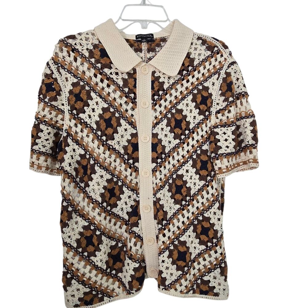 Morsecode Men's Crochet Button Down Shirt Brown Ivory Navy Collared Size Small
